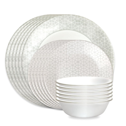 Corelle Vitrelle Vajilla de vidrio de 18 piezas, servicio para 6 personas, juegos de platos y tazones de vidrio de triple capa resistente a astillas y roturas, geométrico gris y blanco (Knox)