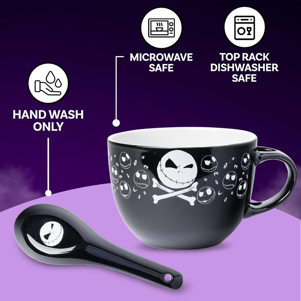 Silver Buffalo Nightmare Before Christmas Jack Cross Bones - Taza de sopa de cerámica con cuchara de 24 onzas