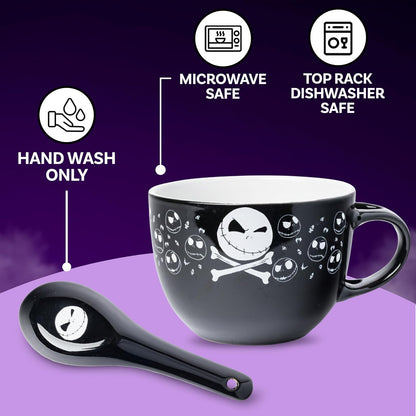 Silver Buffalo Nightmare Before Christmas Jack Cross Bones - Taza de sopa de cerámica con cuchara de 24 onzas