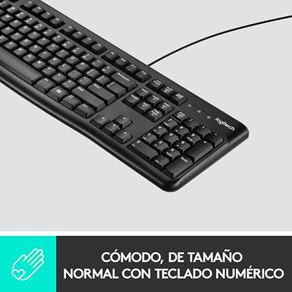 Logitech K120 Teclado con Cable para Windows, Plug-and-Play USB, Tamaño Normal, Resistente a Las Salpicaduras, Barra Espaciadora Curvada, Compatible con PC, Laptop - Negro