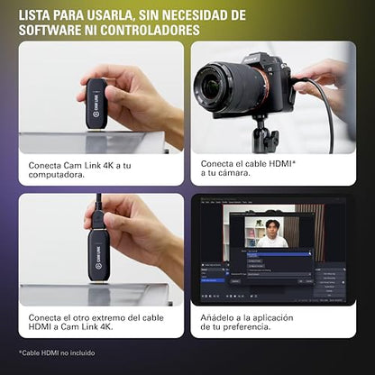 Elgato CAM Link 4K, capturadora Externa de cámara | Para DSLR/videocámara, webcam, reuniones, streams, 1080p60/4K30-60, compatible con OBS/Zoom/Discord, PC/Mac/iPad