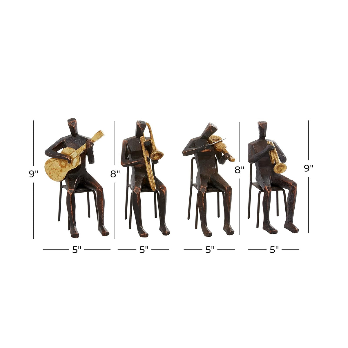 Deco 79 Polystone - Escultura Decorativa para músico, decoración del hogar, estatuas con Instrumentos Dorados, Juego de 4 Cifras Decorativas de 5 Pulgadas de Ancho, 8 Pulgadas de Alto, café