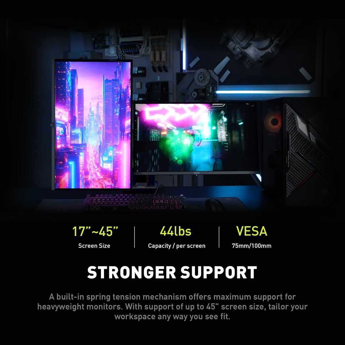MSI mag MT201D - Brazos de Soporte para Monitor Doble de Alta Resistencia, Soporte de 17 a 45 Pulgadas, Compatible con VESA, Montaje de Resorte Ajustable, 44 Libras por visualización, Abrazadera y