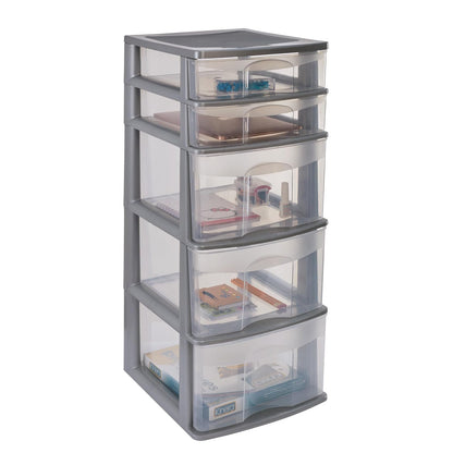 Italhome Cajonera FOX 5 de Plástico 5 Cajones Transparentes, Organizador Multiusos Desarmable para Hogar y Oficina, Mueble Resistente Fácil Armado, Color Gris