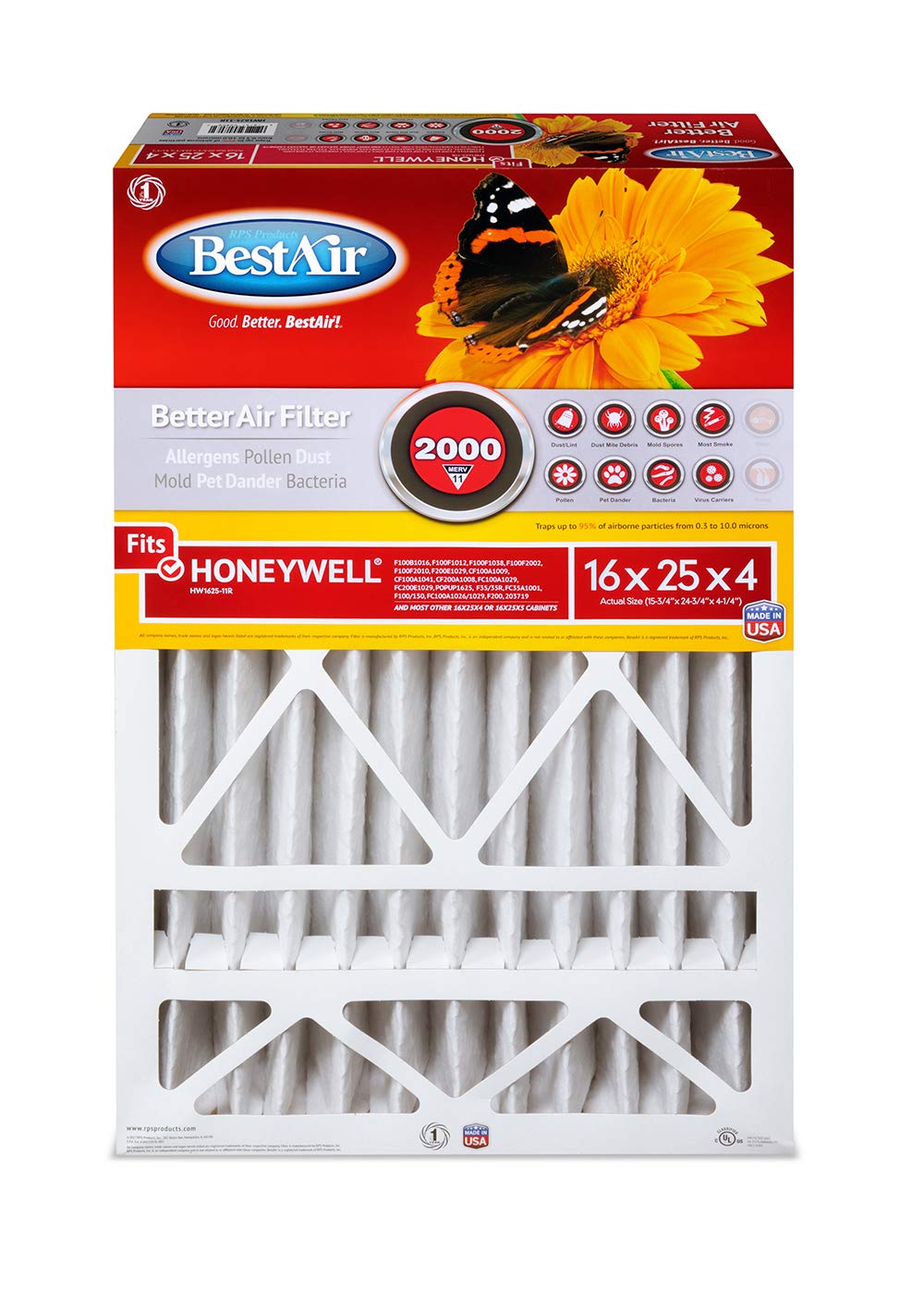 BestAir HW1625-11R Filtro de aire para limpieza de horno, MERV 11, elimina alérgenos y contaminantes, para modelos Honeywell, 40,64 x 63,5 x 10,16 cm, paquete individual