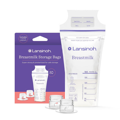 Lansinoh - Bolsas de almacenamiento para leche materna, 50 Count + 2 Pump Adapters