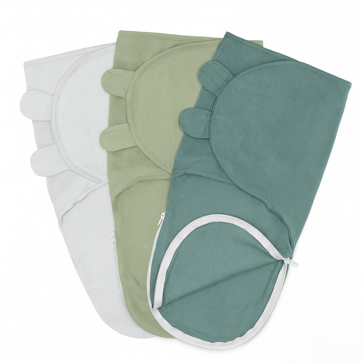 Arrullos para Bebé Comfy Cubs con Cierre – Paquete de 3 – Envoltura para Recién Nacido 100% Algodón – Talla Pequeña para 0-3 Meses – Saco de Dormir Transpirable y Resistente Piedra, Salvia, Azul