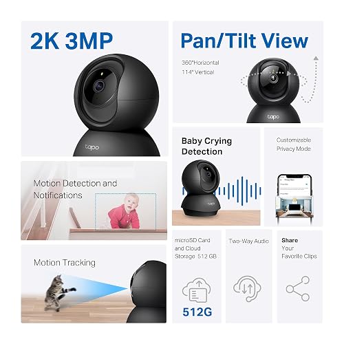 Tapo - Cámara de Seguridad Interior TP-Link 2K con función panorámica/inclinación para Monitor de bebé, Mascotas, detección de Movimiento, Audio bidireccional, Almacenamiento, Negra, C211, 2 Piezas