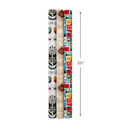 Hallmark Harry Potter - Papel de regalo con líneas de corte en el reverso (paquete de 3: 60 pies cuadrados, mapa del merodeador, escudo de Hogwarts) para cumpleaños, graduaciones, Navidad, día de San Valentín