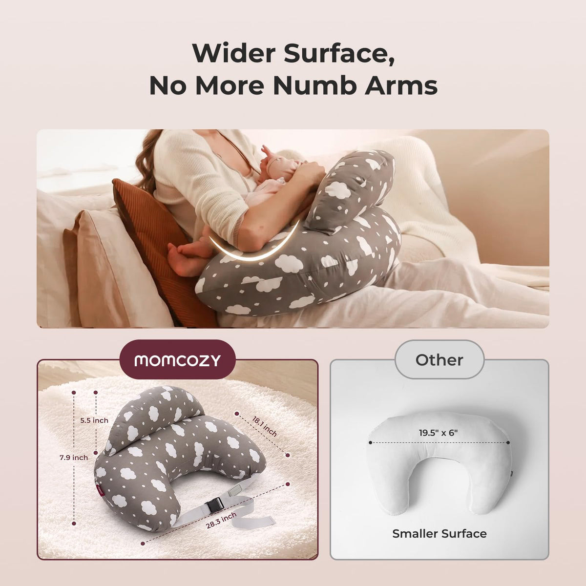 Momcozy Almohada de Lactancia Original para Amamantar, Barrera de Seguridad Innovadora, Diseño Ancho para Mayor Apoyo, Ideal para Mamá y Bebé