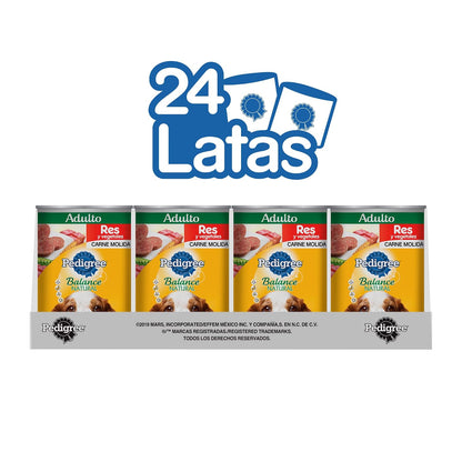 PEDIGREE Alimento para Perros Adultos, Balance Natural, Sabor Res Y Vegetales En Carne Molida 375 Gr, Paquete De 24 Latas