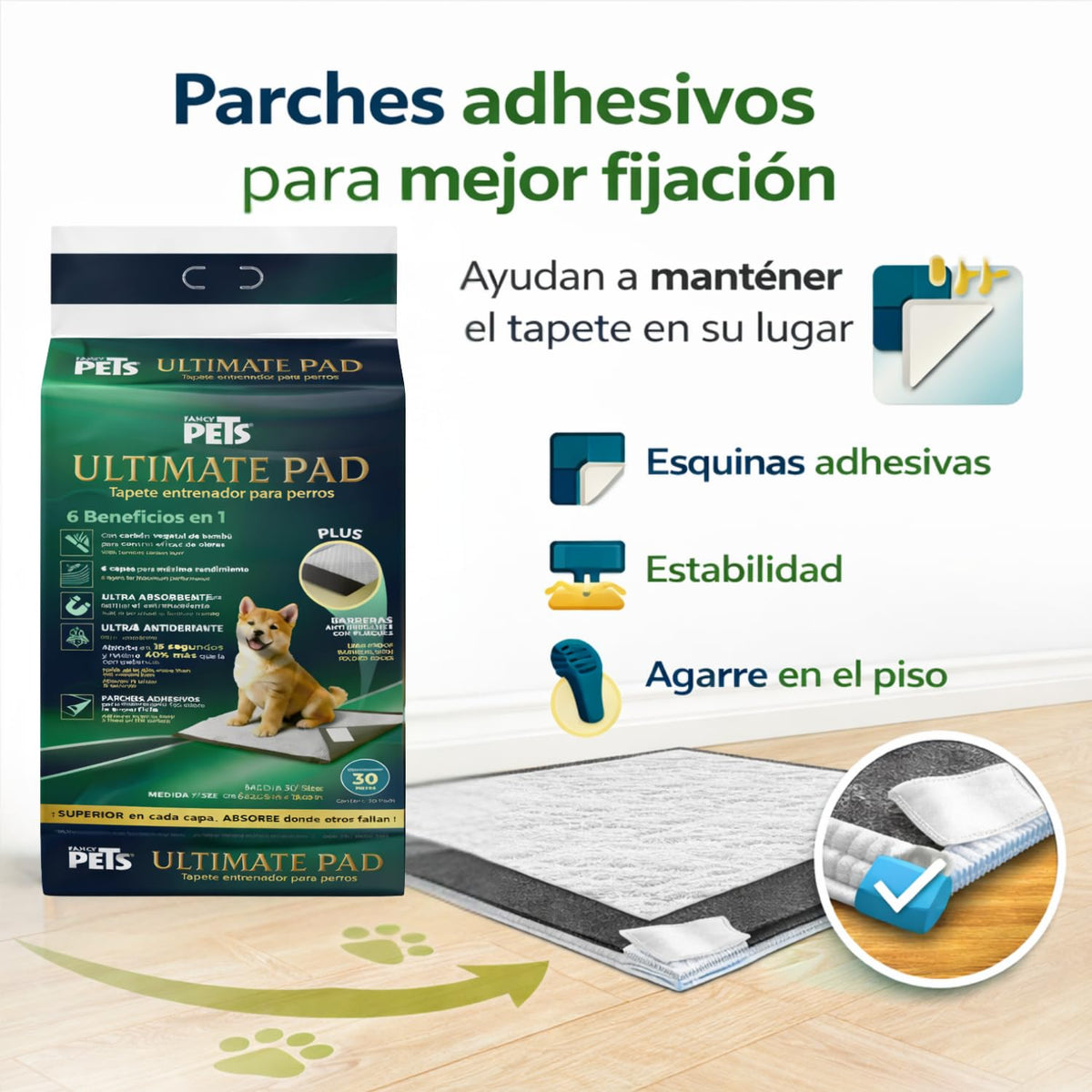 Fancy Pets Tapete Entrenador para Perros Ultimate Pad con Carbón Activado de Bambú Absorción Rápida Bordes Antiderrames Atrayente Integrado y Parches Adhesivos 56 x 50 cm - 30 PZ