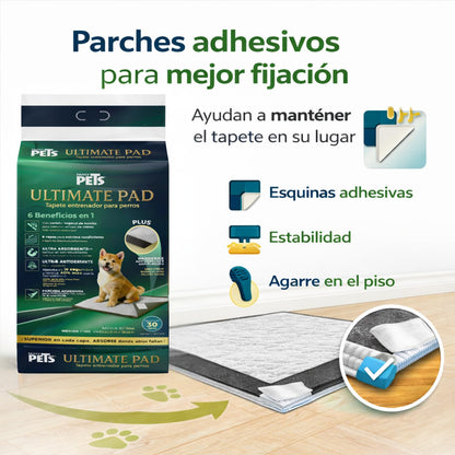 Fancy Pets Tapete Entrenador para Perros Ultimate Pad con Carbón Activado de Bambú Absorción Rápida Bordes Antiderrames Atrayente Integrado y Parches Adhesivos 56 x 50 cm - 30 PZ