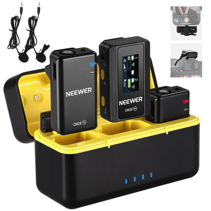 NEEWER CM28 Micrófono Solapa Inalámbrico Profesional Sistema con Estuche de Carga, Reducir Ruido de 1 Clic, Almacenamiento 4GB, Reproducción 9H, Micrófono Compatible con iPhone/Android/PC/Cámara