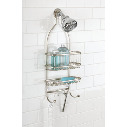InterDesign York Lyra Shower Caddy, Satin | Espacio extra amplio, 9.75 x 4 x 22 pulgadas, ganchos para maquinillas de afeitar, toallas, champú, acondicionador, jabón
