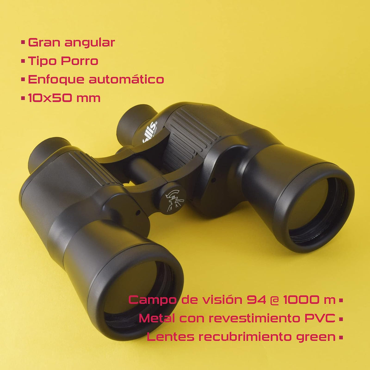Wallis BI610308 Binocular Gran Angular, Negro, 10 x 50 mm, con Enfoque Automático Tipo Porro, Revestimiento Green