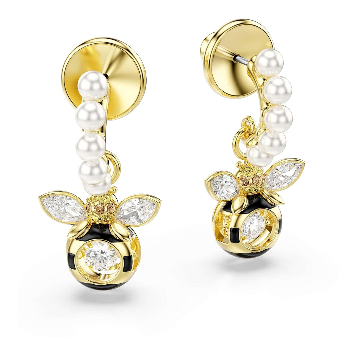 arete Swarovski Idyllia, perlas de vidrio, cortes mixtos, abeja, multicolor, baño dorado