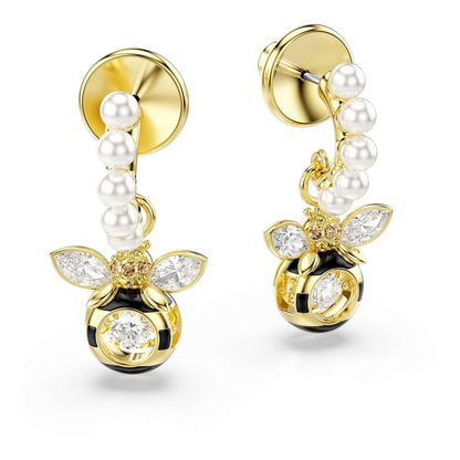 arete Swarovski Idyllia, perlas de vidrio, cortes mixtos, abeja, multicolor, baño dorado