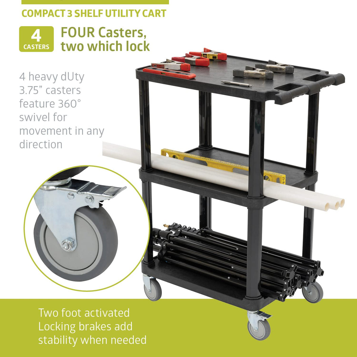 Pearington Carro Multiusos Compacto de plástico de 3 Niveles con Ruedas bloqueables de hasta 300 Libras, Color Negro