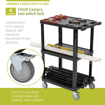 Pearington Carro Multiusos Compacto de plástico de 3 Niveles con Ruedas bloqueables de hasta 300 Libras, Color Negro