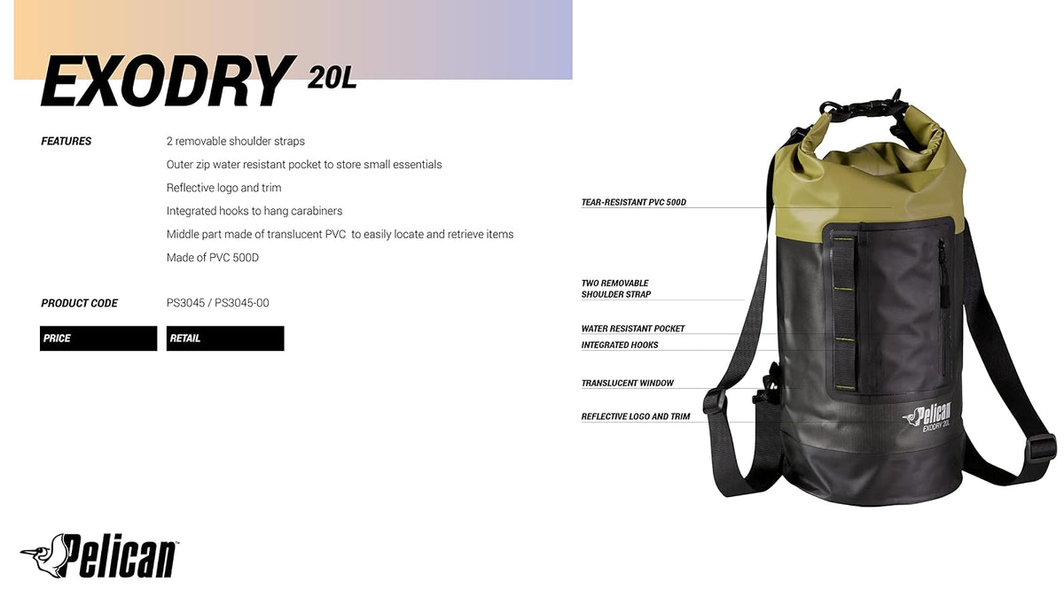 Pelican Bolsa seca impermeable – Exodry – Gruesa y ligera – Saco de compresión seco con tapa enrollable que mantiene el equipo seco para kayak, canotaje, playa, rafting, senderismo, camping y pesca