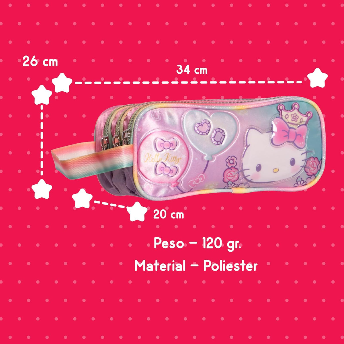 Ruz Lapicera Triple Infantil y Preescolar | Hello Kitty | 100% Poliéster | Estuche Organizador para Niños con Compartimentos y Cierre de Cremallera | Recomendado desde 3 años