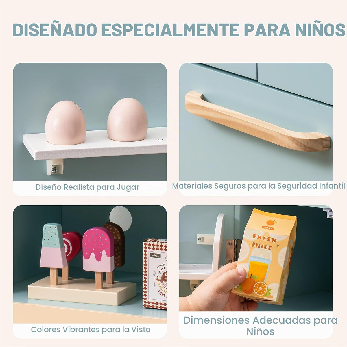 ROBUD Frigorífico de Madera - Realista e Interactivo con máquina de Hielo y Juguetes alimenticios - Adecuado para niños a Partir de 3 años