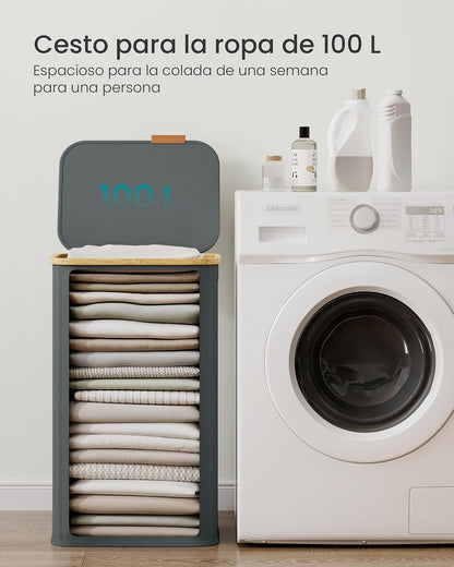 SONGMICS Organizador de Colada, Cesto para Ropa, Tela Oxford, Plegable, Bambú, Baño, Dormitorio, 100 L, Gris Pizarra MLCB518GN01