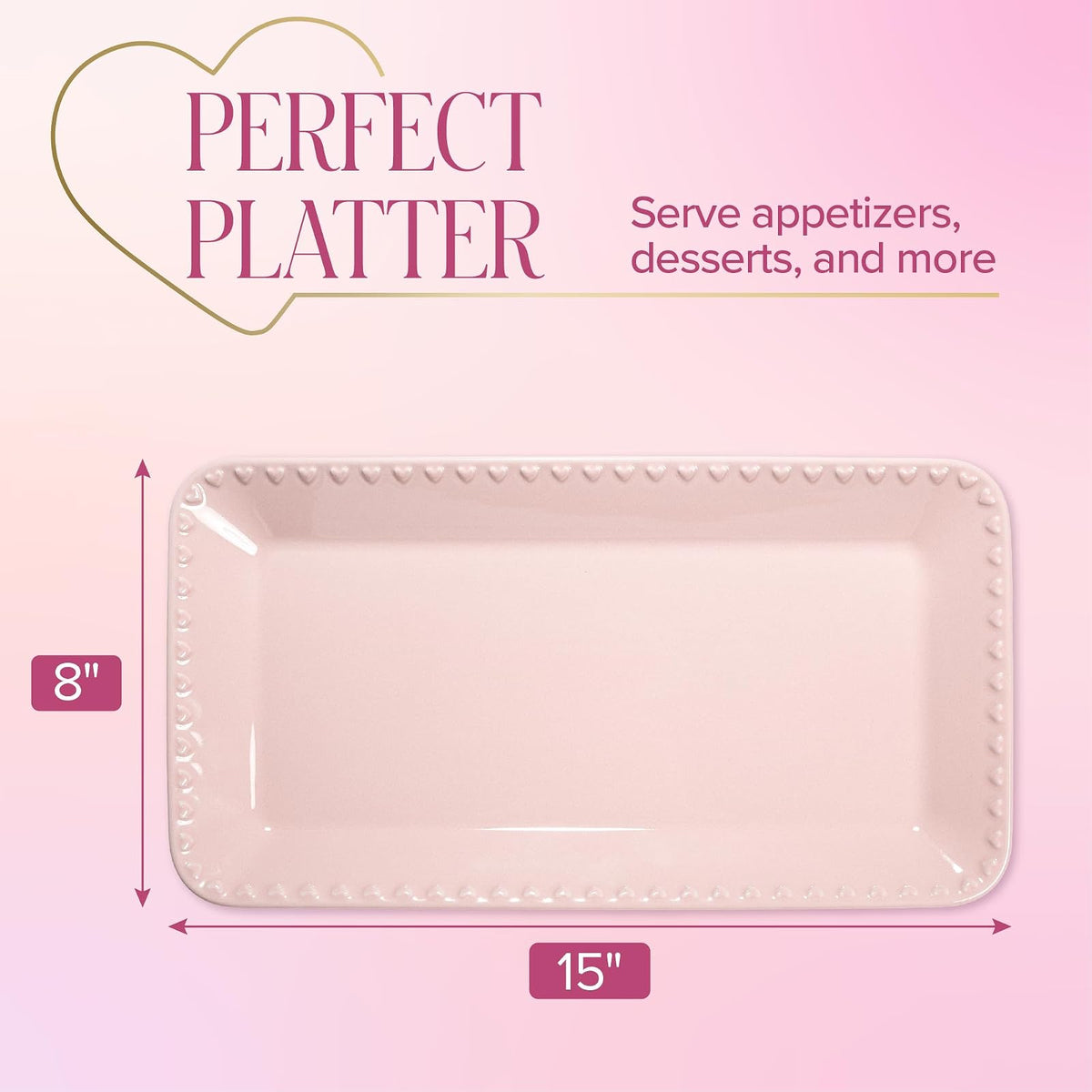 Paris Hilton Bandeja rectangular de cerámica para servir de gres en relieve, corazones en relieve, apta para microondas, 15 x 8 pulgadas, rosa