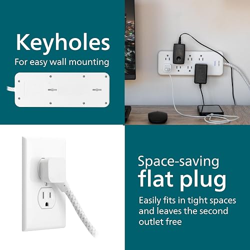Philips EZFit - Tira de alimentación con Protector de sobretensiones de 8 Tomas, Cable de extensión Trenzado de 8 pies, Tomas ampliamente espaciadas, 2160 Julios, Enchufe Plano, para hogar, Oficina,