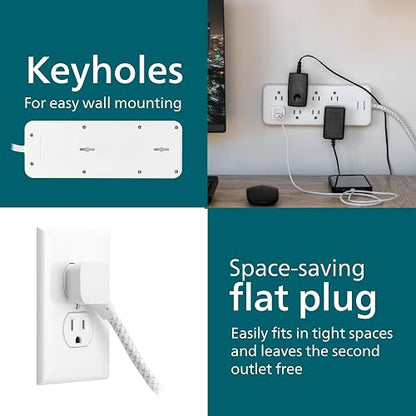 Philips EZFit - Tira de alimentación con Protector de sobretensiones de 8 Tomas, Cable de extensión Trenzado de 8 pies, Tomas ampliamente espaciadas, 2160 Julios, Enchufe Plano, para hogar, Oficina,