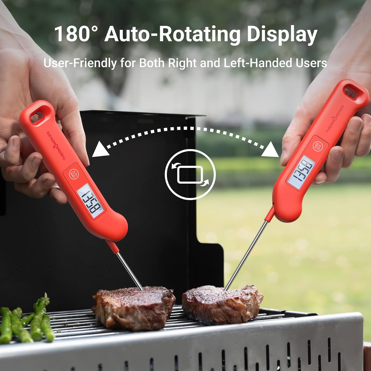 Termómetro profesional de carne digital, precisión certificada NIST de ±0-50 °F, termómetro de lectura instantánea para cocinar parrilla, 100% impermeable, visualización retroiluminada de rotación