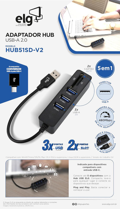 ELG Adaptador HUB USB 5 en 1 con 3 Puertos USB-A, 1 Lector de Tarjetas Mini SD y 1 Lector de Tarjetas Micro SD, Fabricado en ABS de Alta Resistencia, Color Negro, HUB51SD-V2