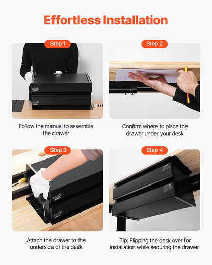 VEVOR Cajones Deslizables Debajo del Escritorio 2 Capas Cajón Extraíble Montado Debajo de Mesa Organizador de Almacenamiento Oculto de Escritorio para Oficina, Hogar, Taller, 457 x 227 x 200 mm