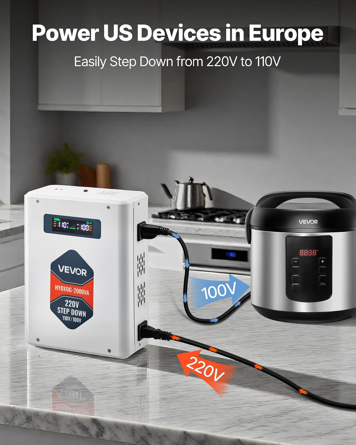 VEVOR Convertidor Reductor de Voltaje de 2000 VA, de 220 V a 110 V, de Alta Resistencia, con 2 Tomas de Corriente Estadounidenses, Salida USB, Pantalla LCD, Protección de Temperatura, Blanco