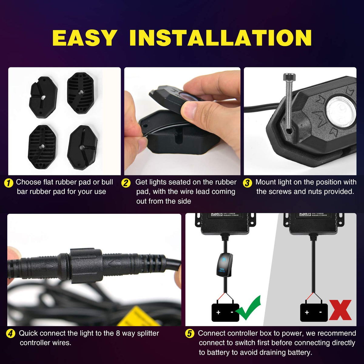 Nilight Kit de Luces LED RGB, 4 cápsulas de luz de neón Multicolor con Control de aplicación Bluetooth, Modo de música Intermitente, luz de Pozo para camión, ATV, UTV, RZR SUV