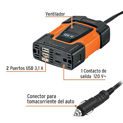 Truper Inversor de Corriente con Puertos USB 120 W, Naranja, INCO-100
