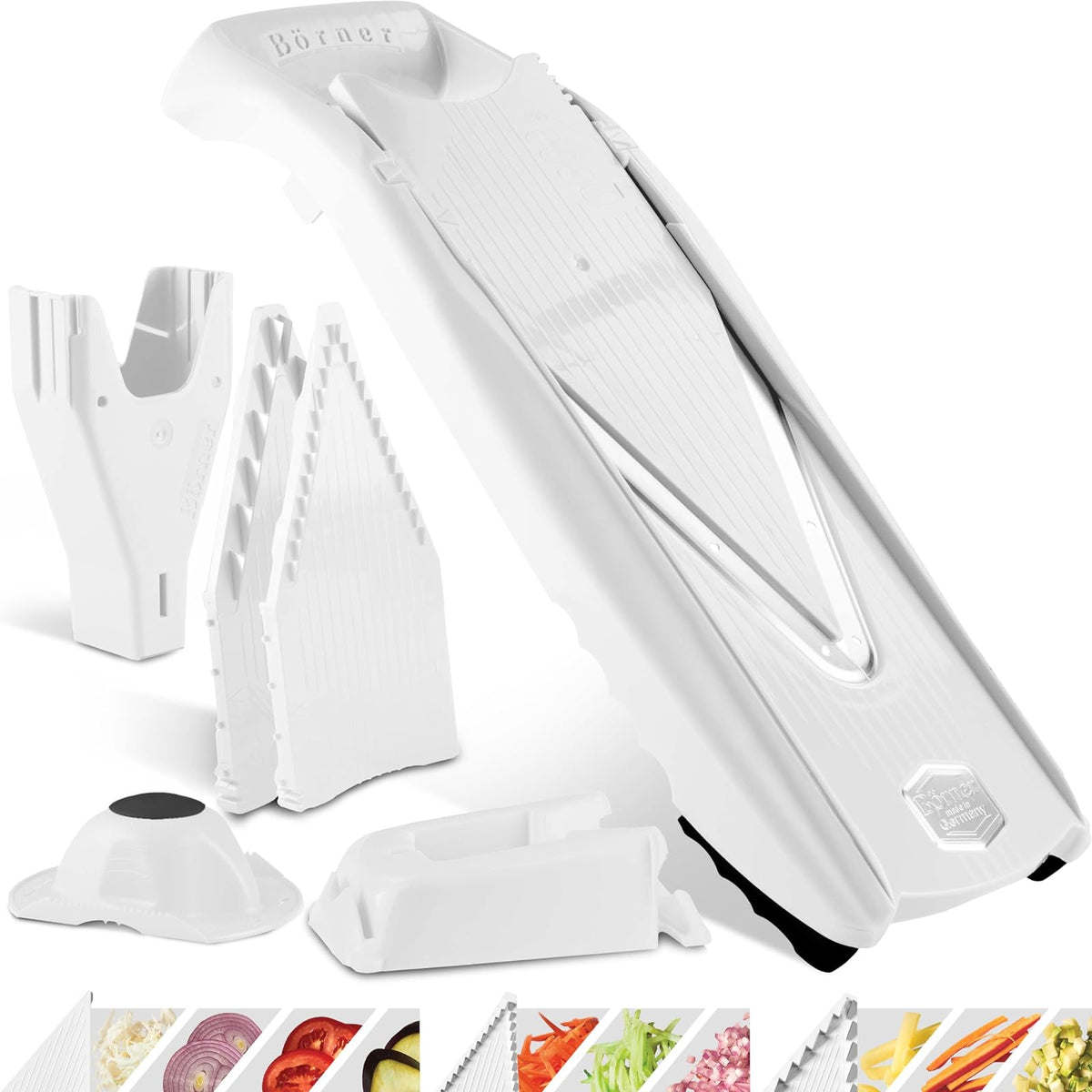 Reston Lloyd - Cortador de alimentos para mandolina Börner V5 (juego Profi) - V-Slicer con 4 inserciones, estación de acoplamiento y soporte para alimentos • Fabricado en Alemania • Picador de frutas