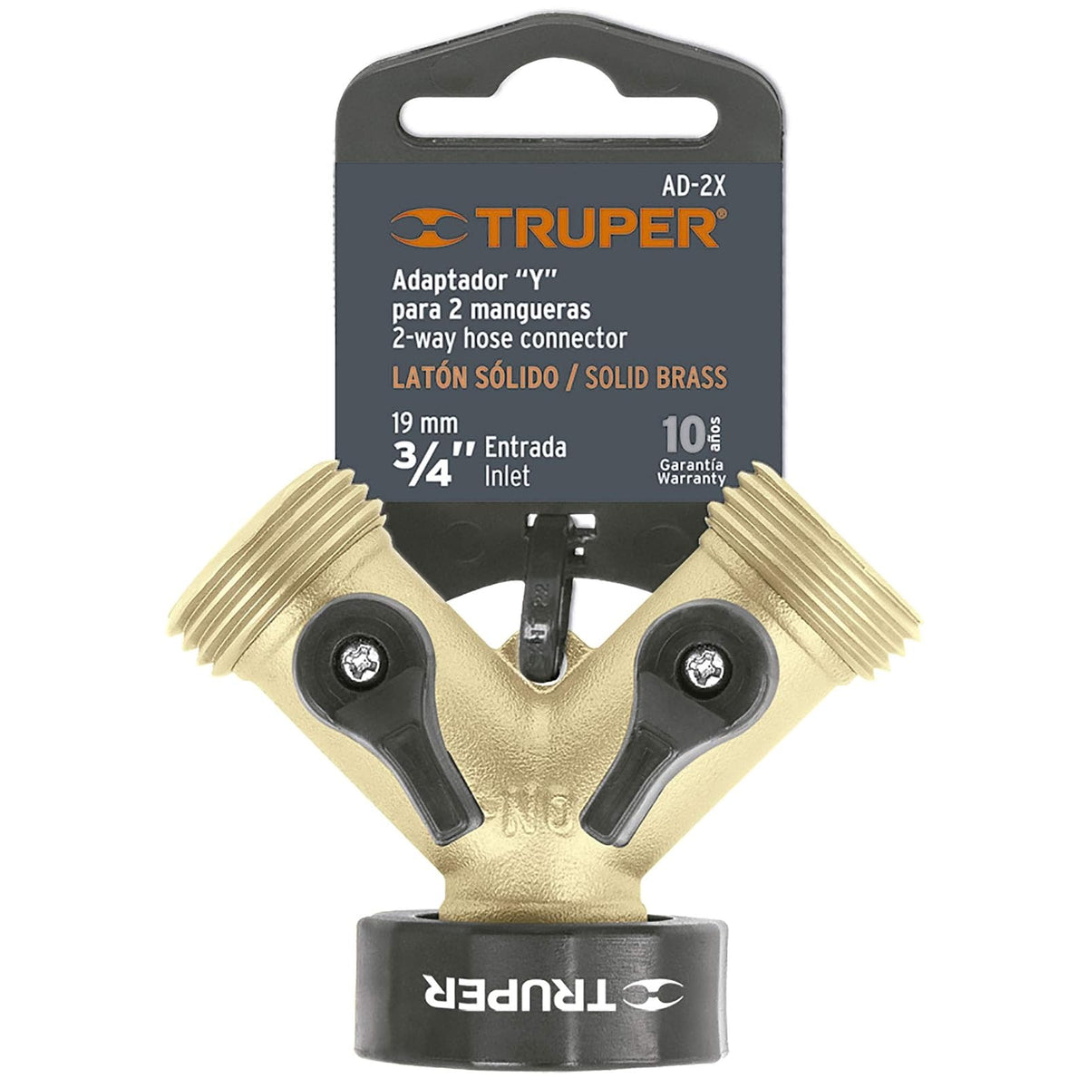Truper AD-2X, Conector "Y" fundido en latón, válvula de cierre independiente, entrada 3/4"