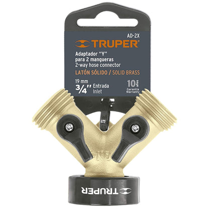 Truper AD-2X, Conector "Y" fundido en latón, válvula de cierre independiente, entrada 3/4"