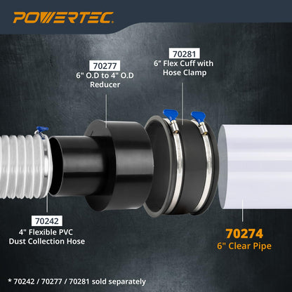 POWERTEC Tubo de PVC transparente de 6 x 36 pulgadas de largo, 1 tubo de plástico rígido, compatible con tubo redondo con accesorios de recogida de polvo, manguera para herramientas de carpintería,