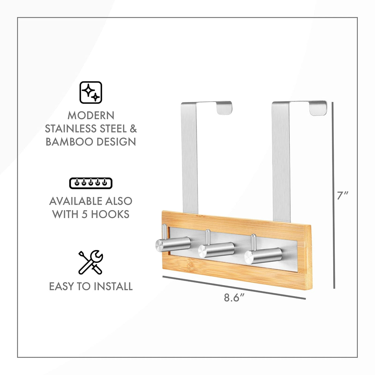 Bamboo Stainless Steel Towel Door Hooks (3 Hook)