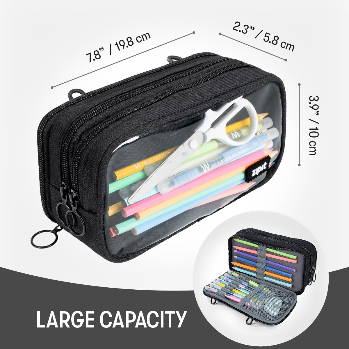 ZIPIT Estuche para lápices Half & Half, bolsa con cierre de 3 compartimentos para la escuela, organizador de papelería para adolescentes, niñas, niños y adultos, color negro