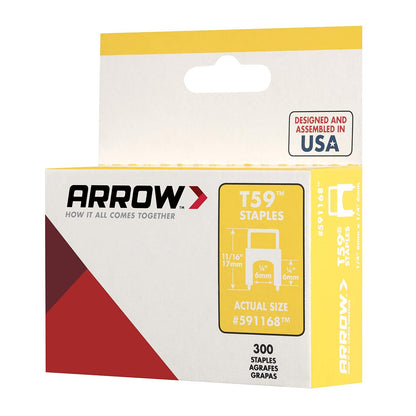 Arrow 591168 - Grapas aisladas de acero auténtico T59 de 1/4 pulgadas por 1/4 de ancho de corona para cable y cableado, transparente, 300 unidades