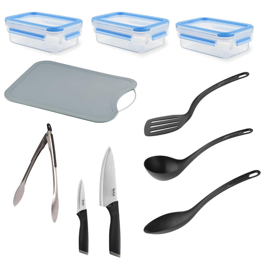 T-fal Mega set de cocina con amplia tabla para picar color gris, cuchara, cucharón, espátula, pinzas, set de 2 cuchillo (pelador 9 cm y chef 15 cm) s y 3 contenedores de 0.55 ml., K2219355M