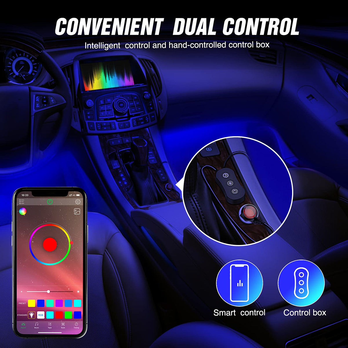 Nilight - Luces interiores de automóviles con control de aplicación, 16 millones de colores RGB, tira de luces con modo de sincronización de música y múltiples opciones de escena para automóviles