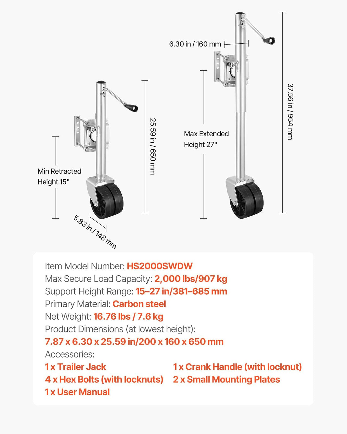 VEVOR Gato de Remolque con Rueda, Capacidad de Carga de 907 kg, con Rueda de PP y Mango Ergonómico, Rango de Elevación de 381-685 mm, Giratorio de 90°, para Autocaravanas, Barcos, Remolques