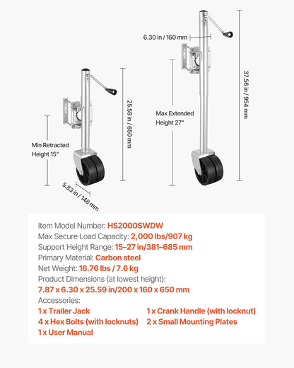VEVOR Gato de Remolque con Rueda, Capacidad de Carga de 907 kg, con Rueda de PP y Mango Ergonómico, Rango de Elevación de 381-685 mm, Giratorio de 90°, para Autocaravanas, Barcos, Remolques
