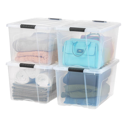 IRIS USA Paquete de 4 Contenedores de Almacenamiento con Tapa y Hebillas de Cierre, 51 L, Apilables, Resistentes, Caja Organizadora, Transparente - Transparente - 68 L. - Paquete de 4 - Paquete de 4