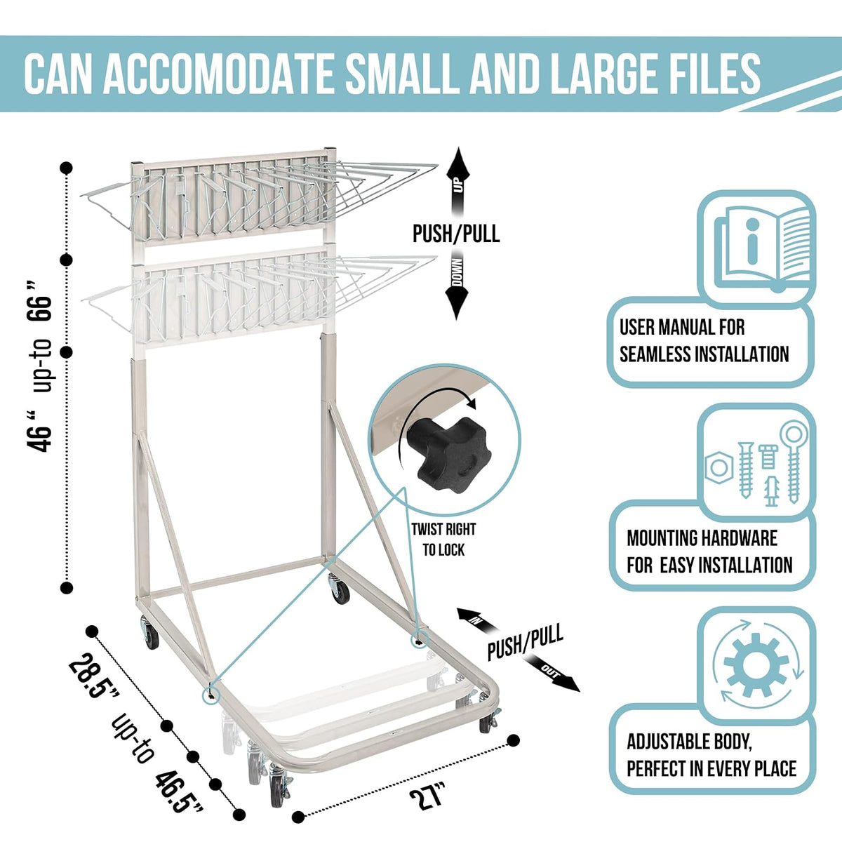 Adir Soporte Rodante Para Planos Acero | Beige arena, 12 soportes pivotantes, altura ajustable 116.8-167.6 cm, longitud ajustable 72.4-118.1 cm